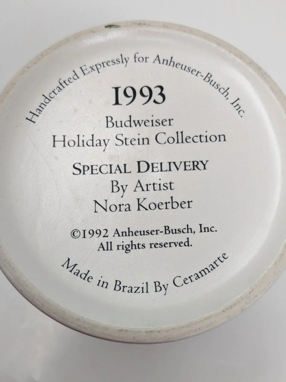 Budweiser Holiday Stein 1993 Collection Special Delivery Nora Koerber Clyesdales